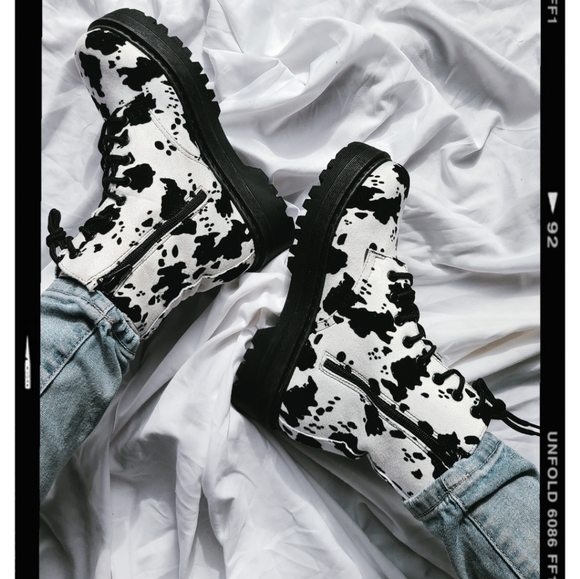 Cow Print Combat Boots - Picture 2 of 4